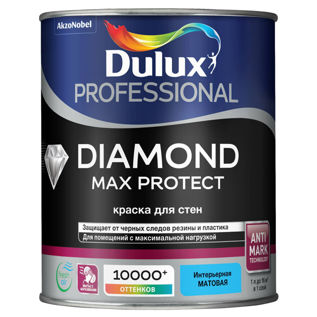 краска в/д DULUX Professional Diamond Max Protec база BW для стен и потолков 1л белая, арт.5834137