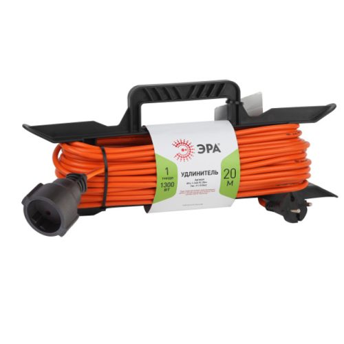 удлинитель на рамке ЭРА 20м 1-местный б/з 6А IP44 2х0,75мм ПВС оранжевый