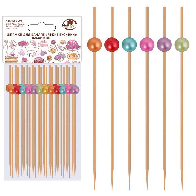 пики для канапе MULTIDOM Яркие бусинки 24шт 12см дерево