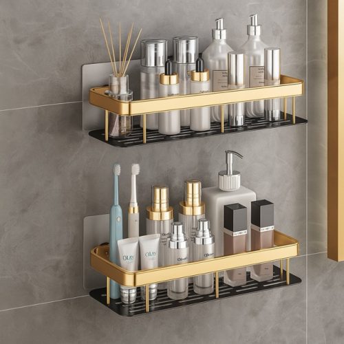 полка для ванной прямоугольная двойная алюминий золотой