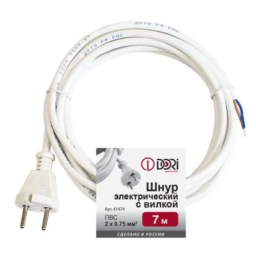 кабель с вилкой 2x0,75 7 м 6 А без выключателя белый