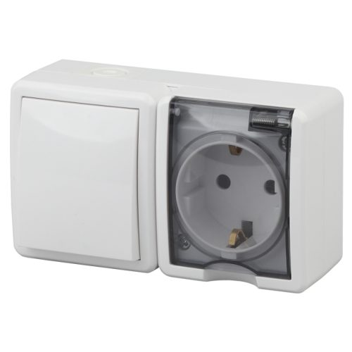 блок 1-клавишный выключатель и розетка ЭРА Эксперт IP54 с/з белый