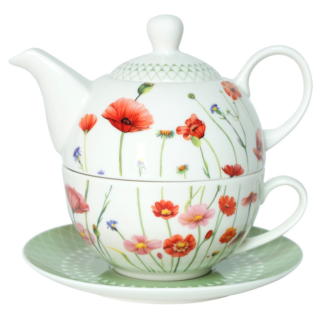 набор TODELIA Маки 3 предмета: чайник 0,45 л, чашка 260мл, блюдце 14,8см костяной фарфор