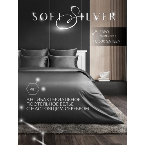 постельное белье евро SOFT SILVER Серый космос сатин-люкс с серебром 2 нав.50х70см, арт.9254